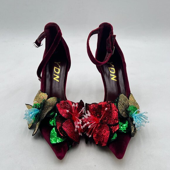 YDN WIne Ankle Strap Buckle Closed Toe Flower Colorful Rhinestones D'Orsay Pumps - Picture 2 of 7